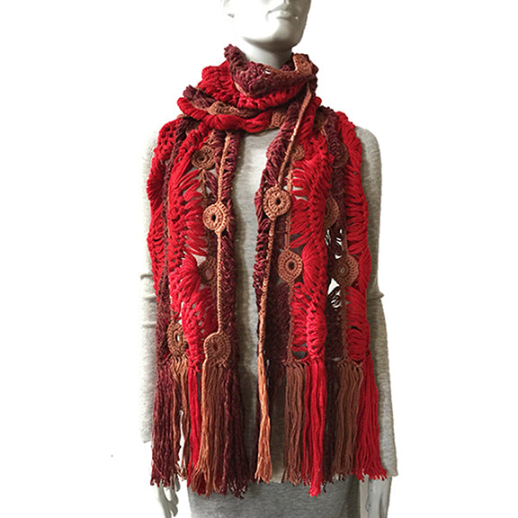 BONNIE ARTISANS-MADE CASHMERE WOOL CROCHET SCARF IN RED WINE CAMEL