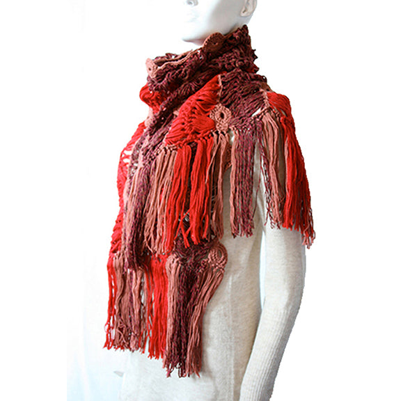 BONNIE ARTISANS-MADE CASHMERE WOOL CROCHET SCARF IN RED WINE CAMEL
